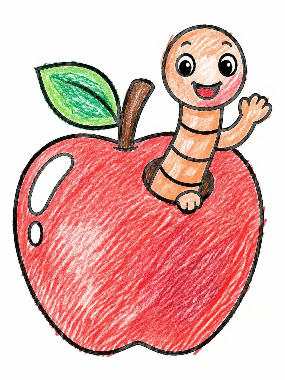 Colored example of the Happy Worm In An Apple coloring page