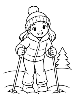 Free printable Happy Young Girl On Winter Skis coloring page
