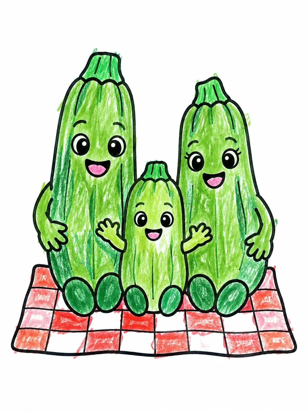 Colored example of the Happy Zucchini Family On Picnic Blanket coloring page