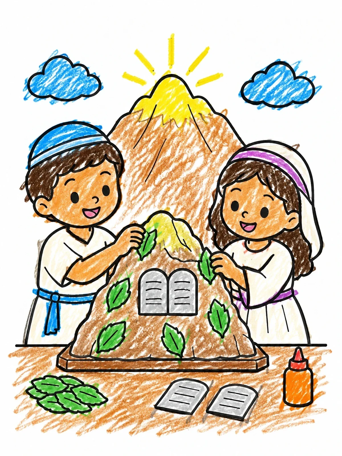 Colored example of the Children Decorating Mount Sinai Craft coloring page