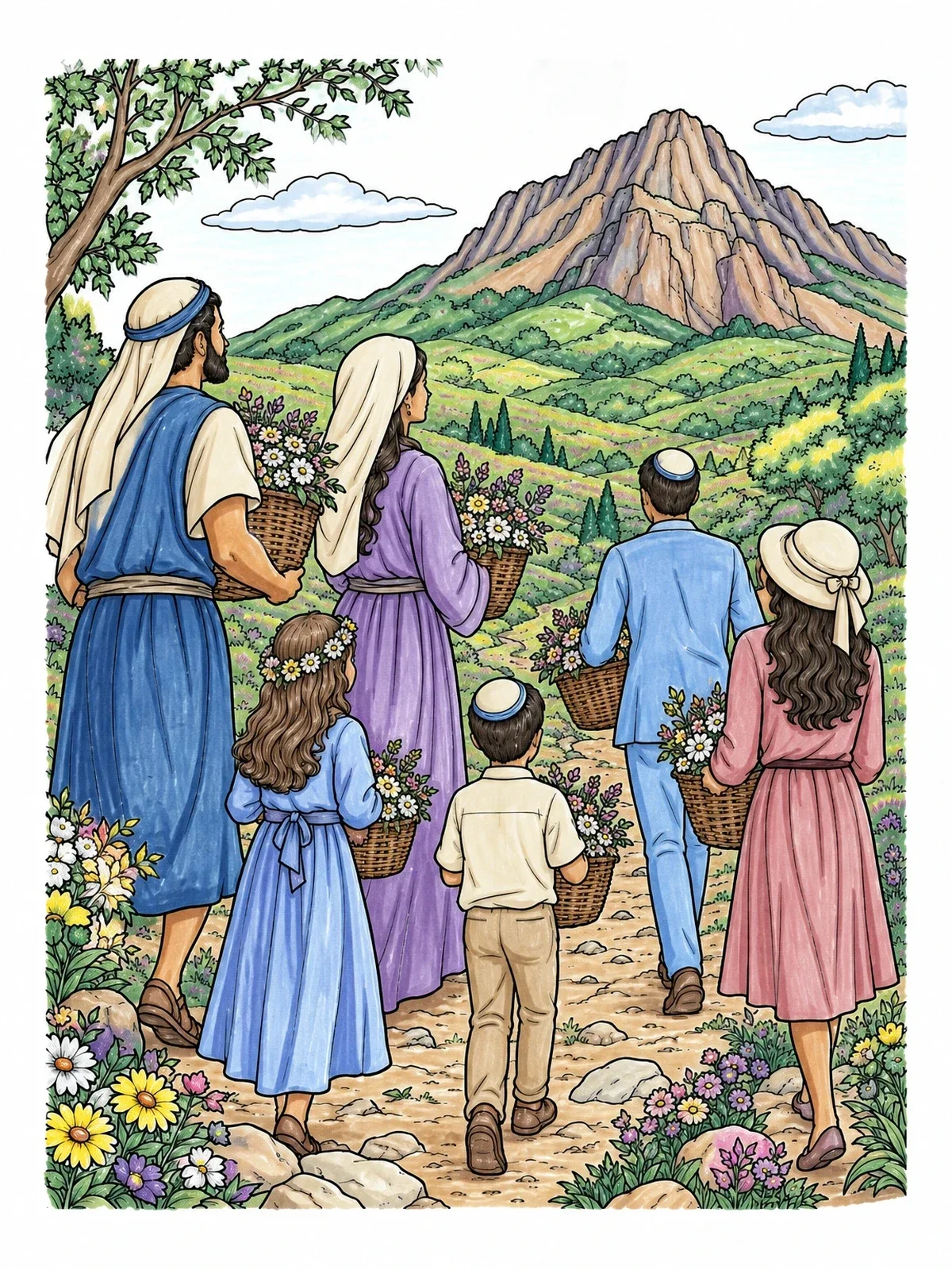Colored example of the Family Bringing Flower Baskets To Mount Sinai coloring page