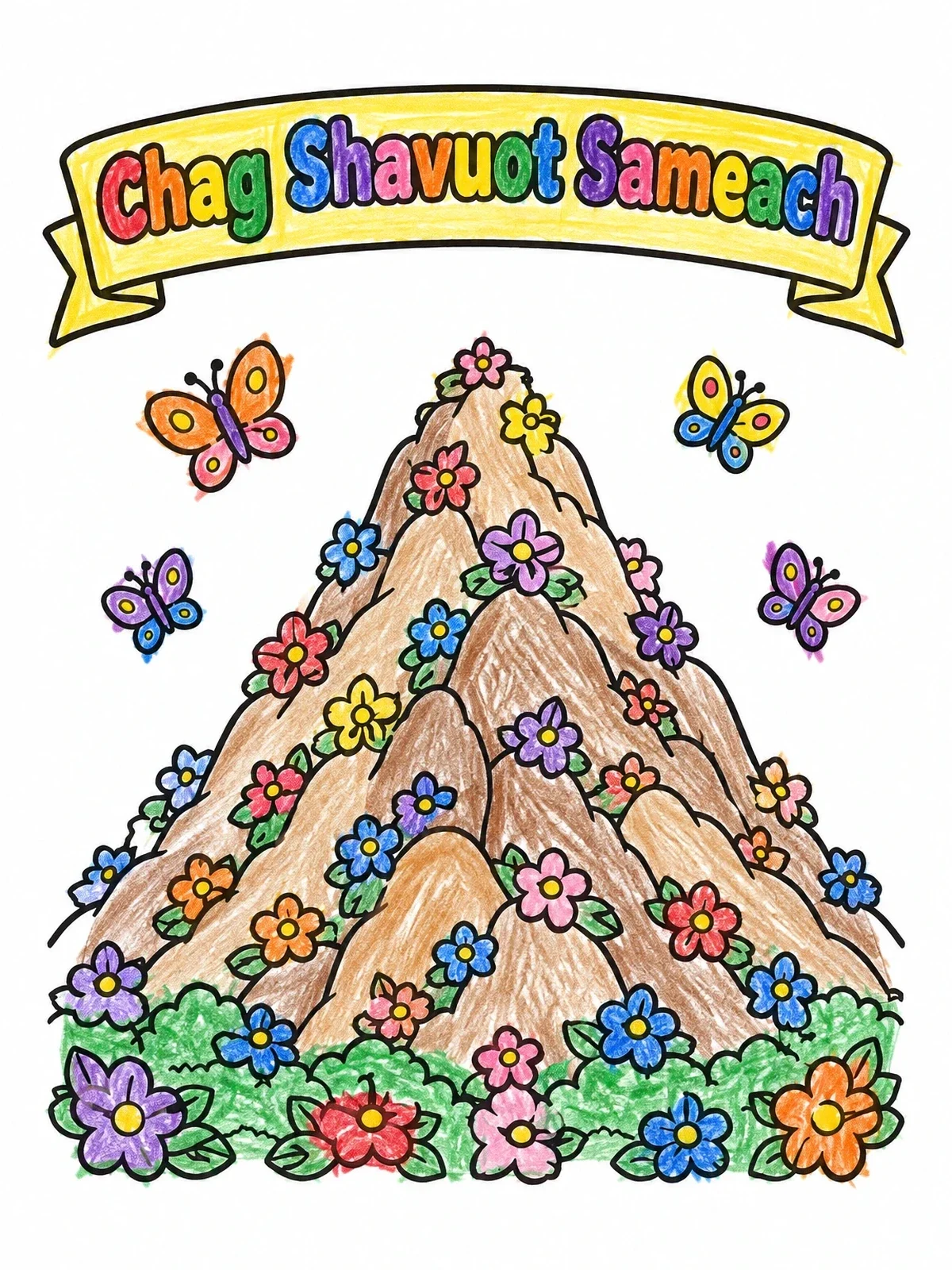 Colored example of the Flowering Mount Sinai For Shavuot coloring page