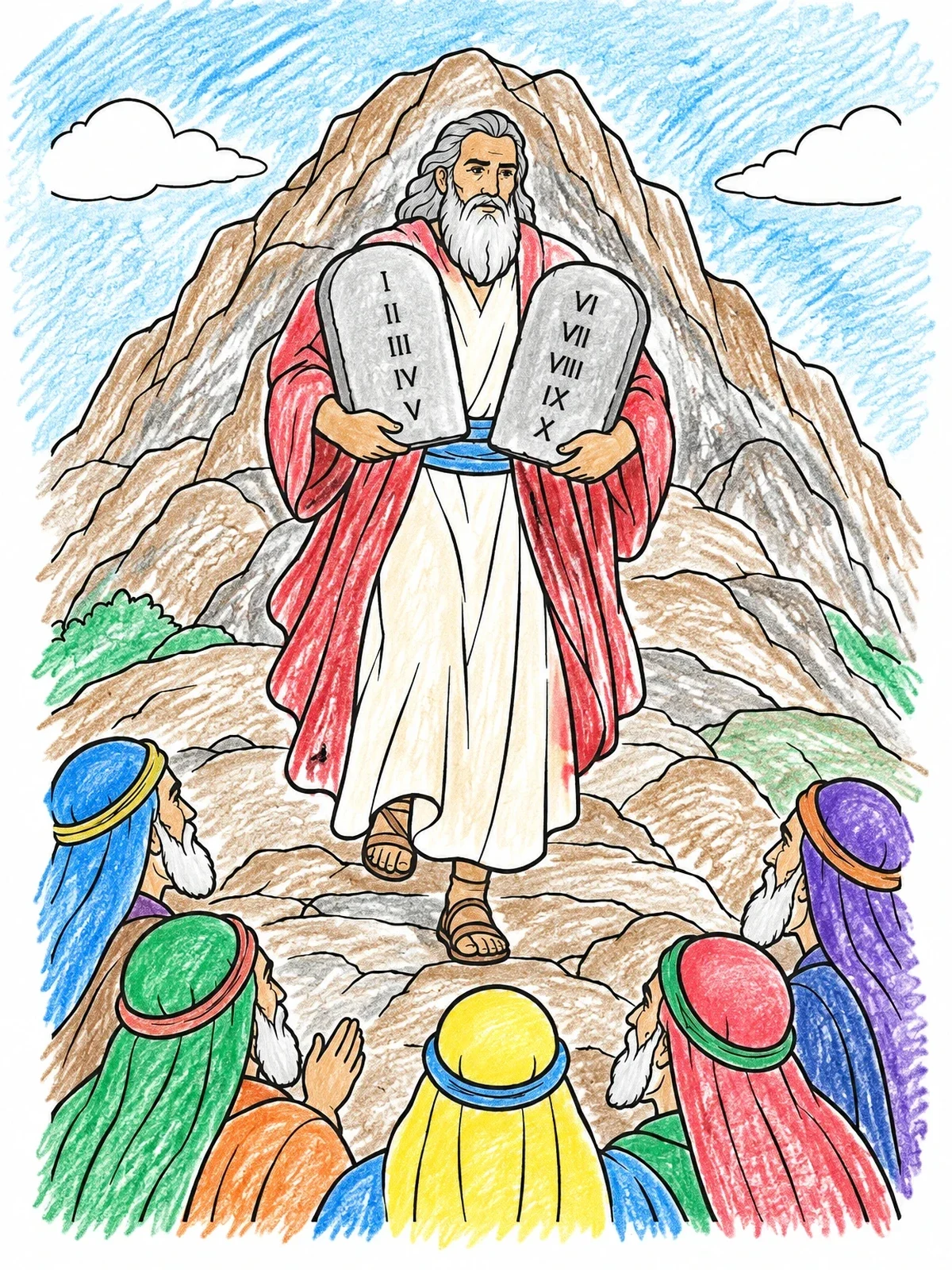 Colored example of the Moses Descending Mount Sinai With Commandments coloring page