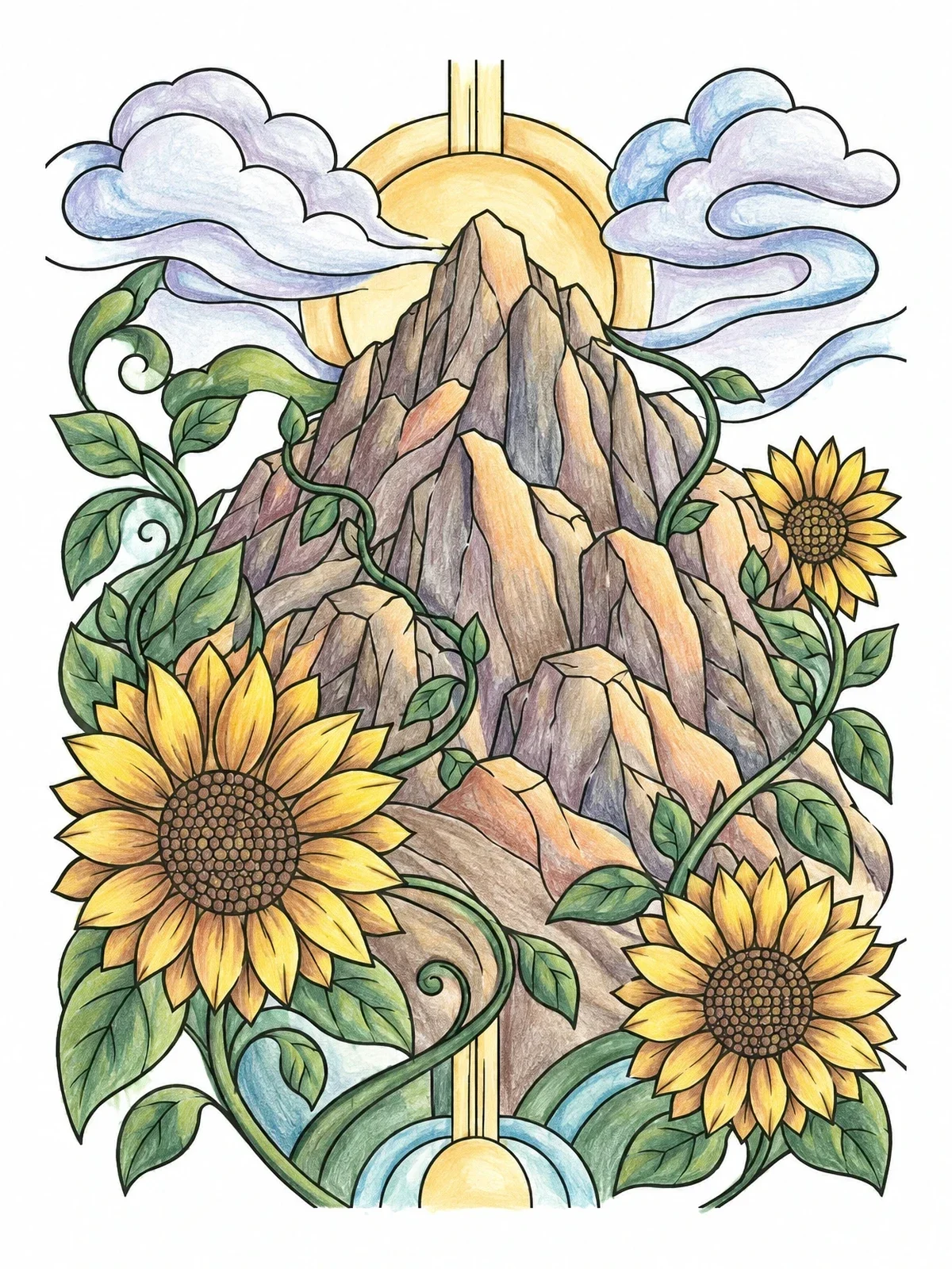 Colored example of the Sunflowers Around Mount Sinai Peaks coloring page