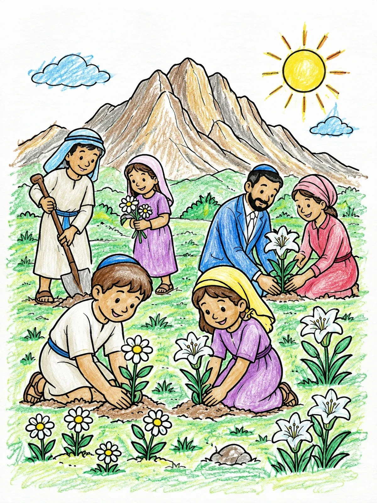 Colored example of the Planting Flowers Near Mount Sinai coloring page