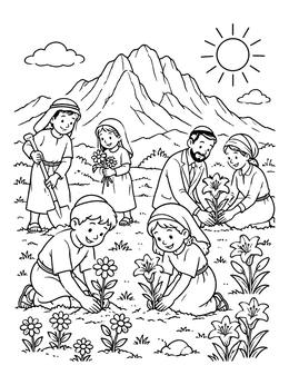 Free printable Planting Flowers Near Mount Sinai coloring page