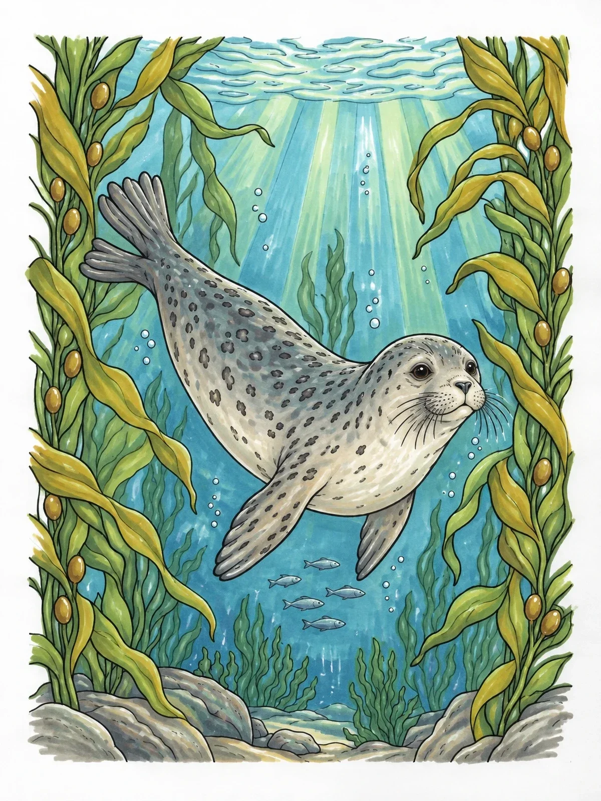 Colored example of the Harbor Seal In Kelp Forest coloring page