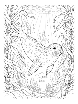 A realistic seal coloring page showing a spotted seal swimming through tall underwater kelp fronds.