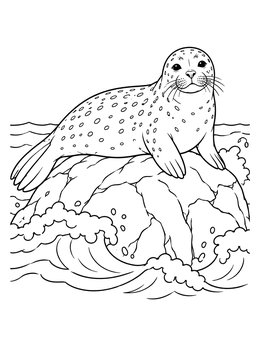 A spotted harbor seal resting on a rock amid waves in this seal coloring page.