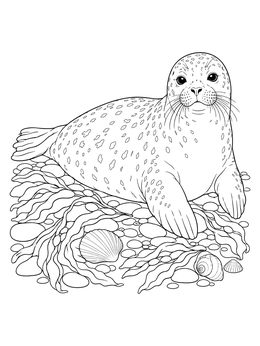 A realistic seal coloring page showing a spotted harbor seal resting among pebbles, seaweed, and seashells.