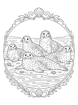 A group of detailed harbor seals rest together in this seal coloring page.