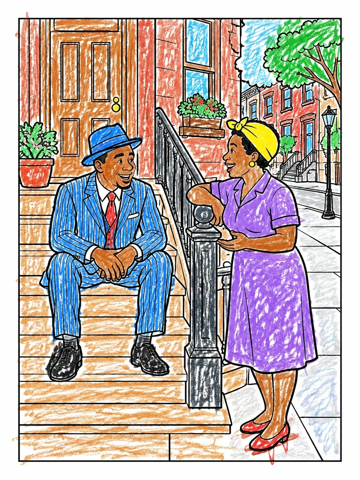 Colored example of the Neighbors Chatting On Harlem Brownstone Stoop coloring page