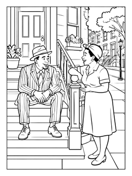 Free printable Neighbors Chatting On Harlem Brownstone Stoop coloring page