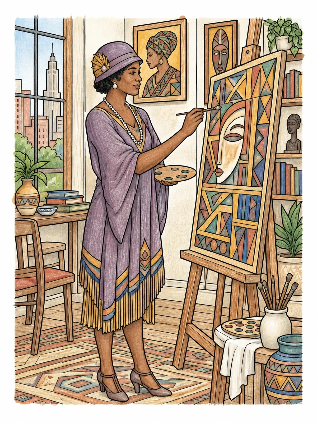 Colored example of the Harlem Renaissance Painter At Work coloring page