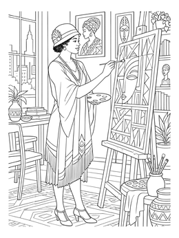 An artist in 1920s attire works on a canvas in this harlem renaissance coloring page.