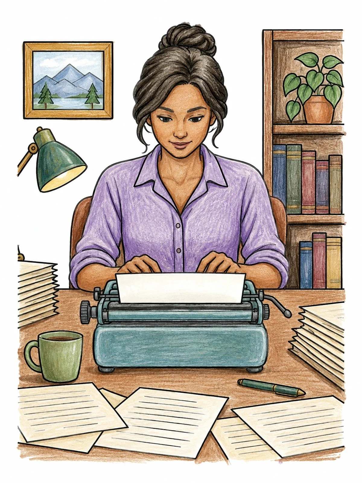 Colored example of the Author Working At Vintage Typewriter coloring page