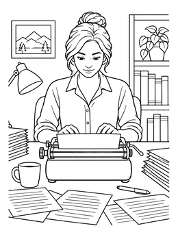 A woman typing at a desk on this Harlem Renaissance coloring page.