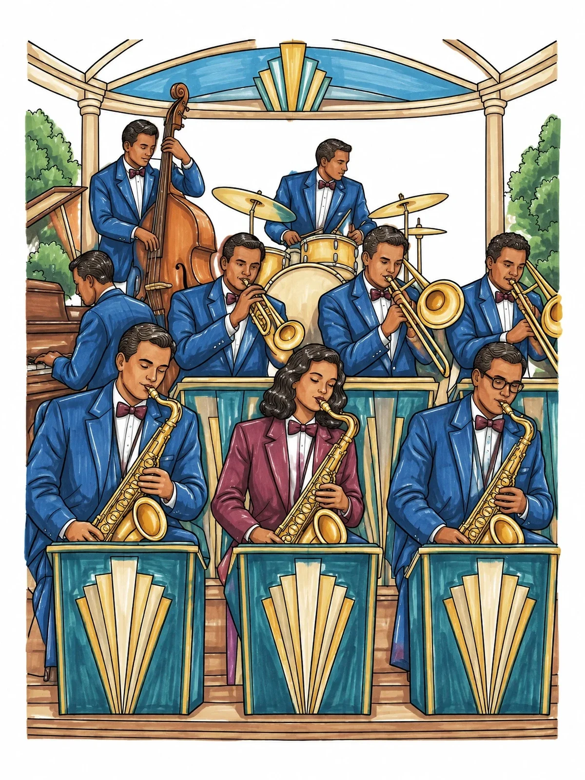 Colored example of the Big Band Jazz Orchestra Performance coloring page