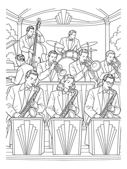 A lively big band performs on this detailed Harlem Renaissance coloring page.
