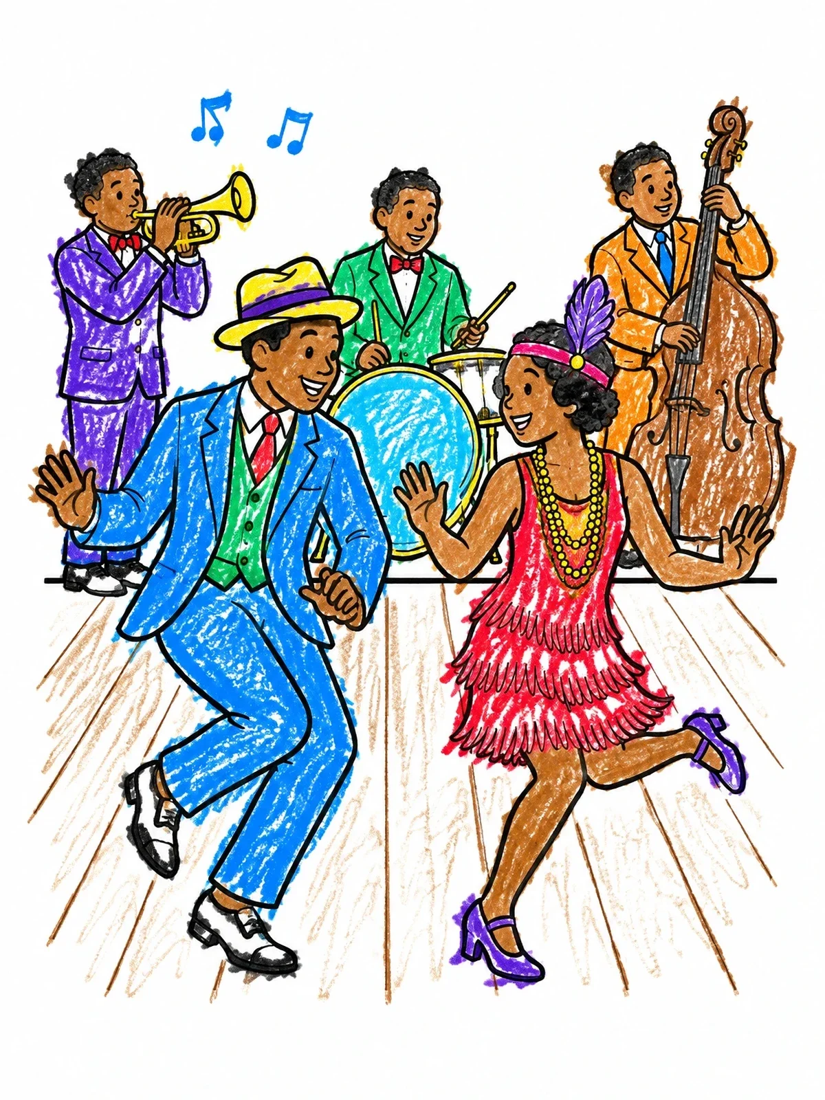Colored example of the Charleston Dancers And Jazz Band coloring page