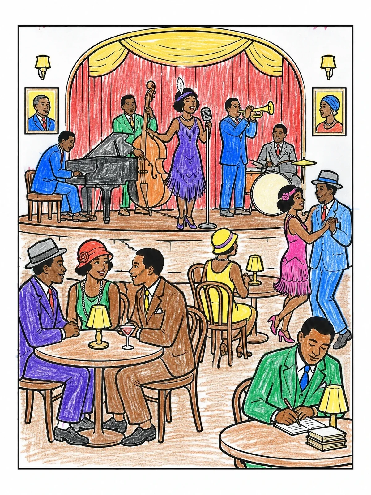 Colored example of the Harlem Renaissance Jazz Club Scene coloring page