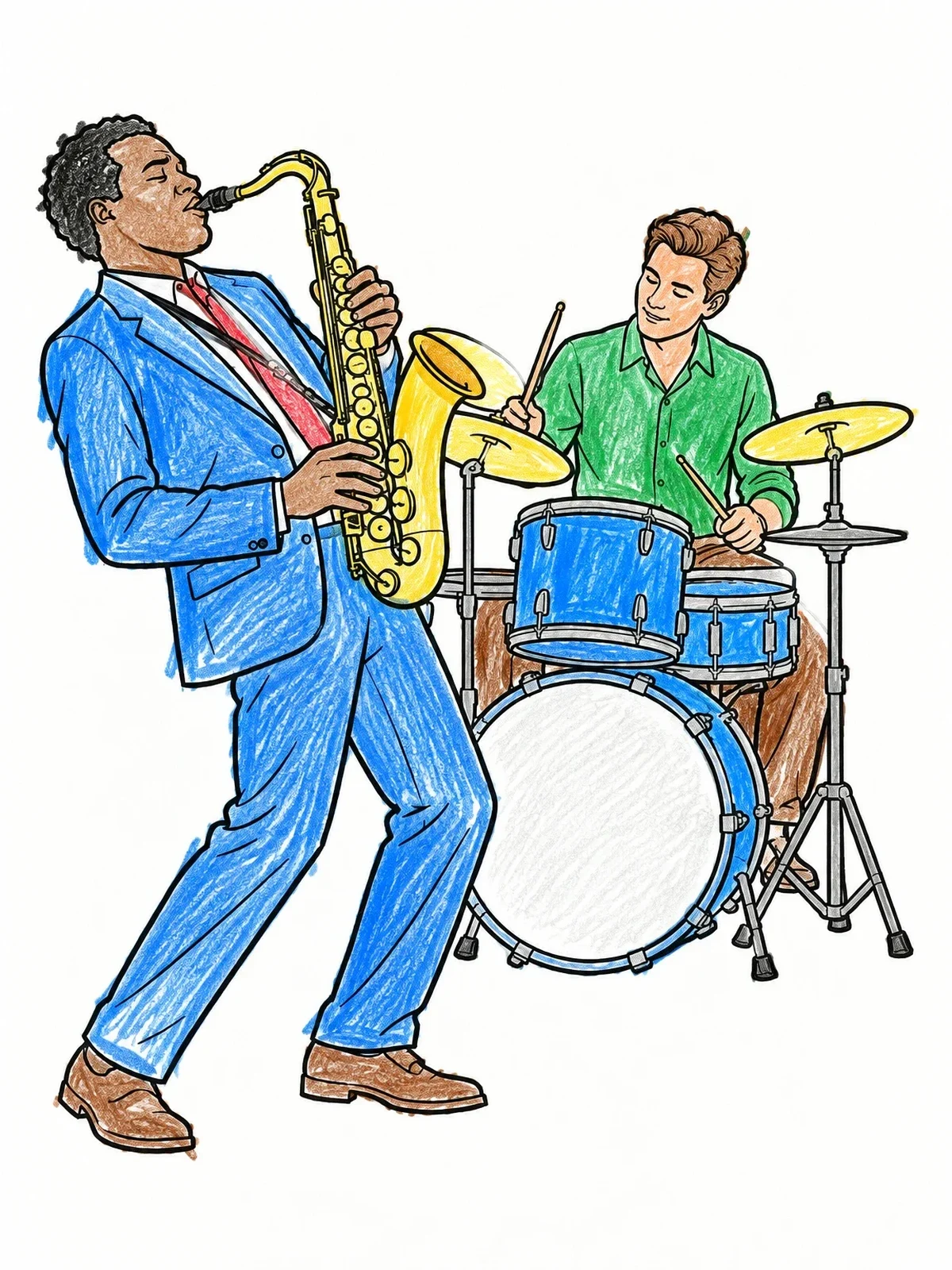 Colored example of the Jazz Saxophonist And Drummer Duo coloring page