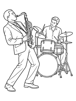 Free printable Jazz Saxophonist And Drummer Duo coloring page