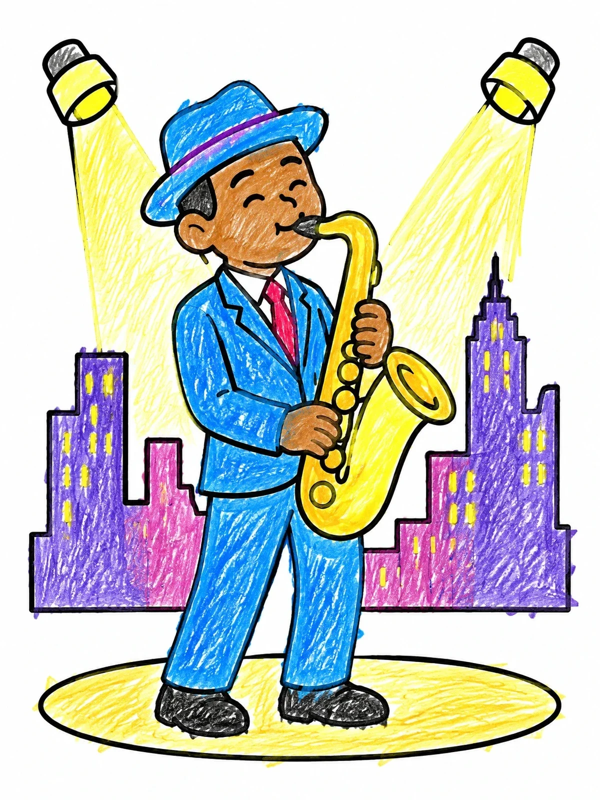 Colored example of the Jazz Saxophonist Under The Spotlights coloring page
