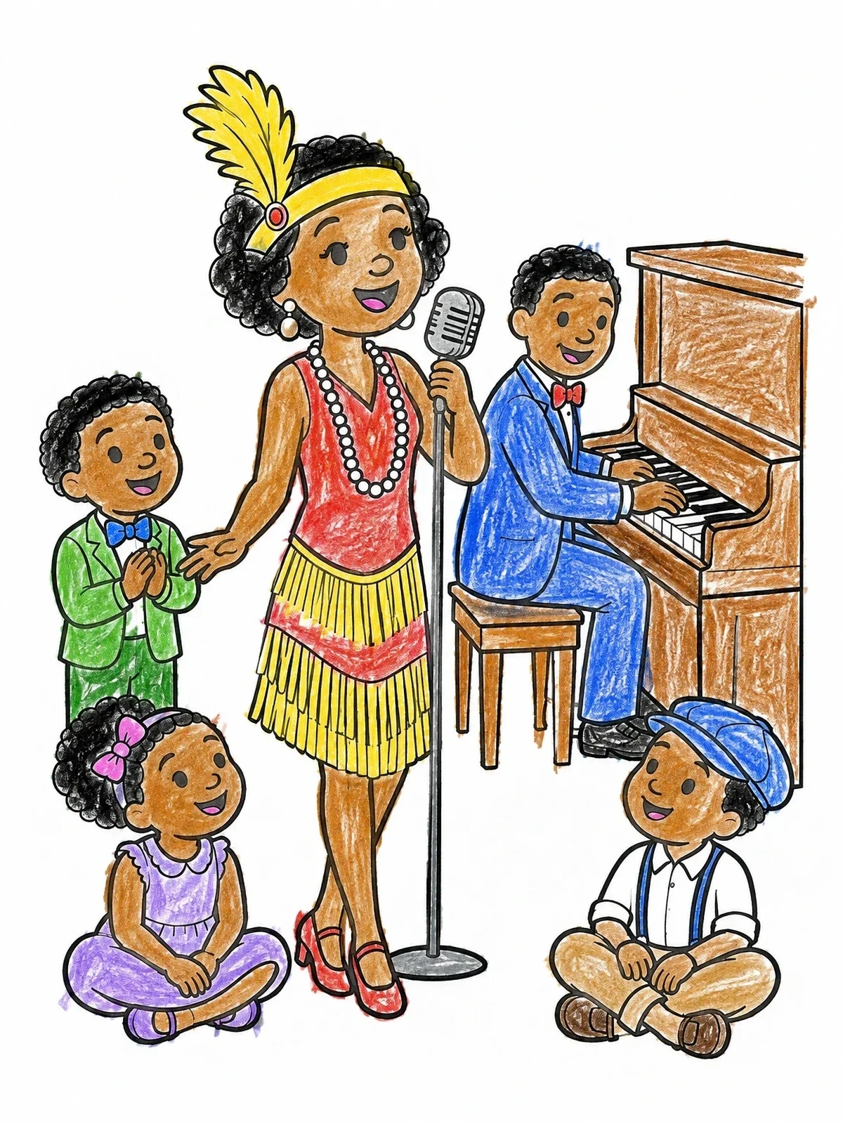 Colored example of the Jazz Singer And Piano Player For Kids coloring page