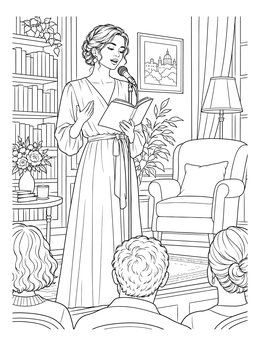 A woman reads verse before an audience in this harlem renaissance coloring page.