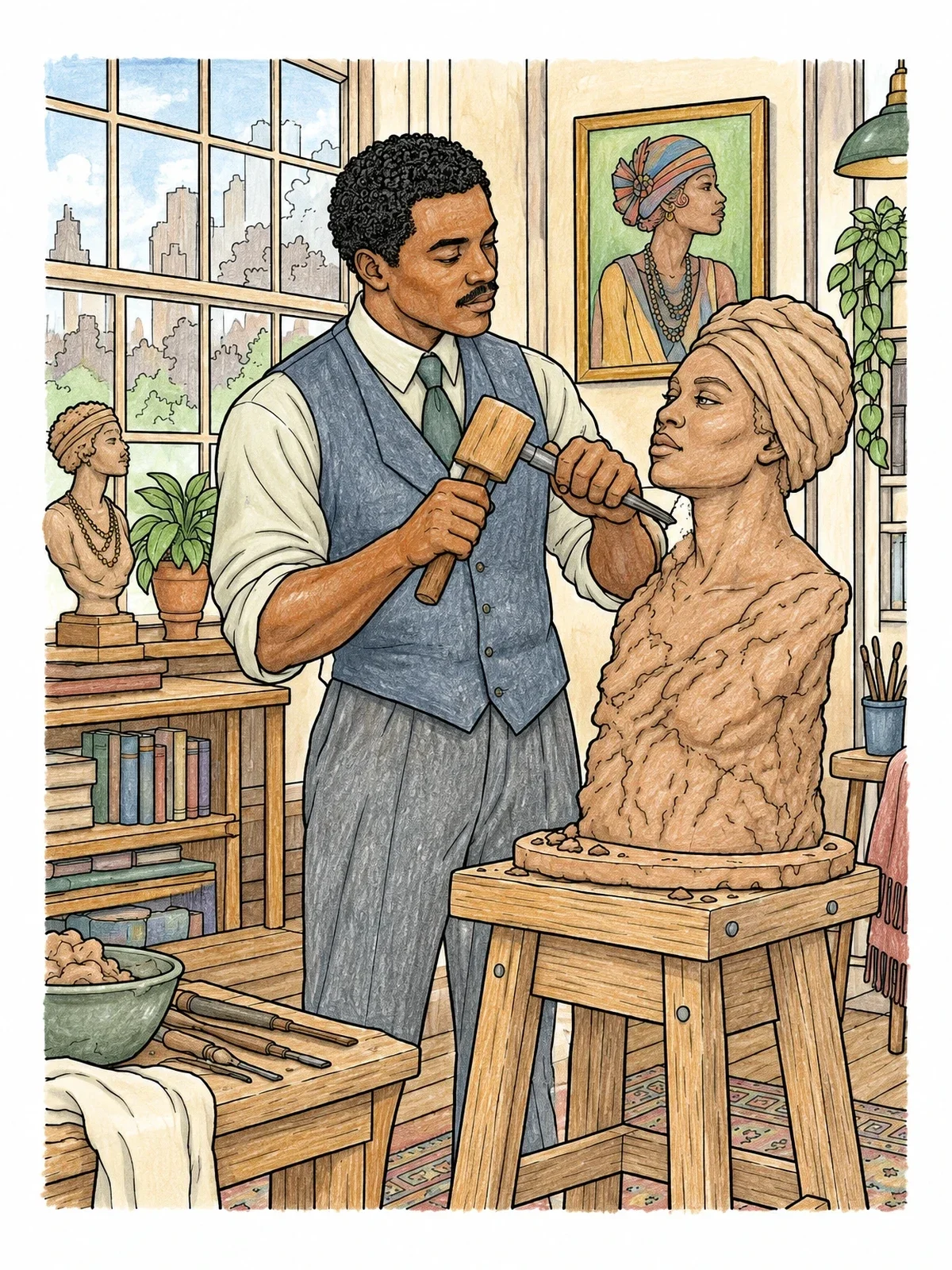 Colored example of the Harlem Renaissance Sculptor In Studio coloring page