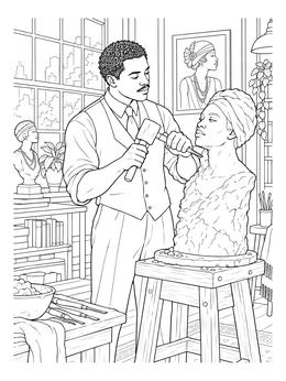An artist chisels a detailed bust on this Harlem Renaissance coloring page set in a sunlit art studio.