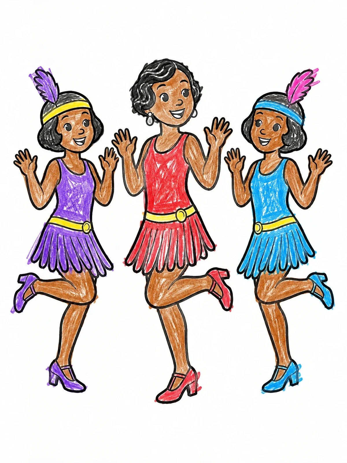 Colored example of the Three Cheerful Charleston Flapper Dancers coloring page