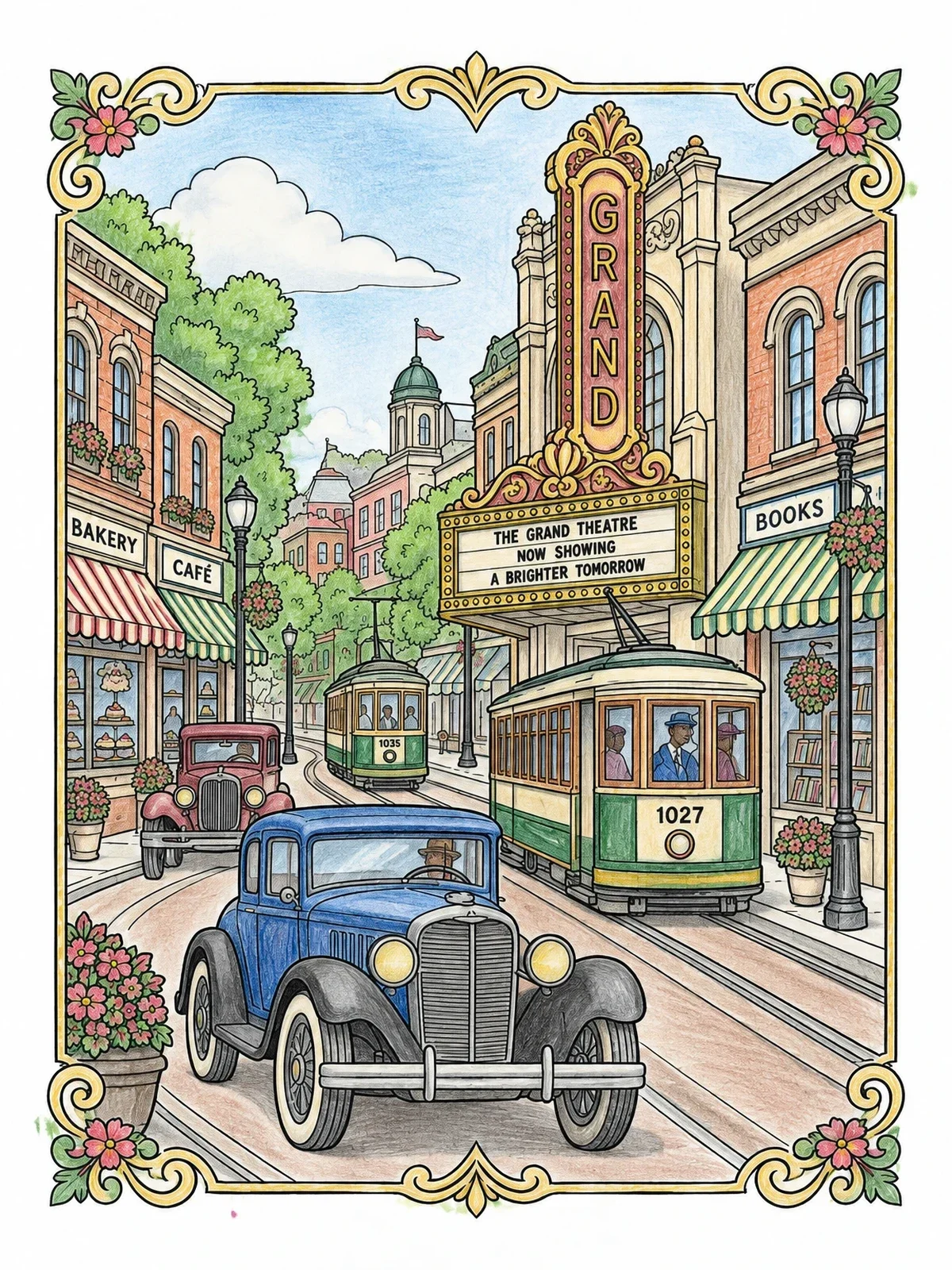Colored example of the Vintage Street Scene With Grand Theatre coloring page