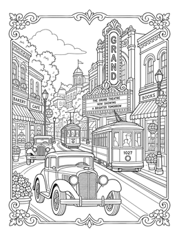 Vintage street scene with cars and a tram in a harlem renaissance coloring page.