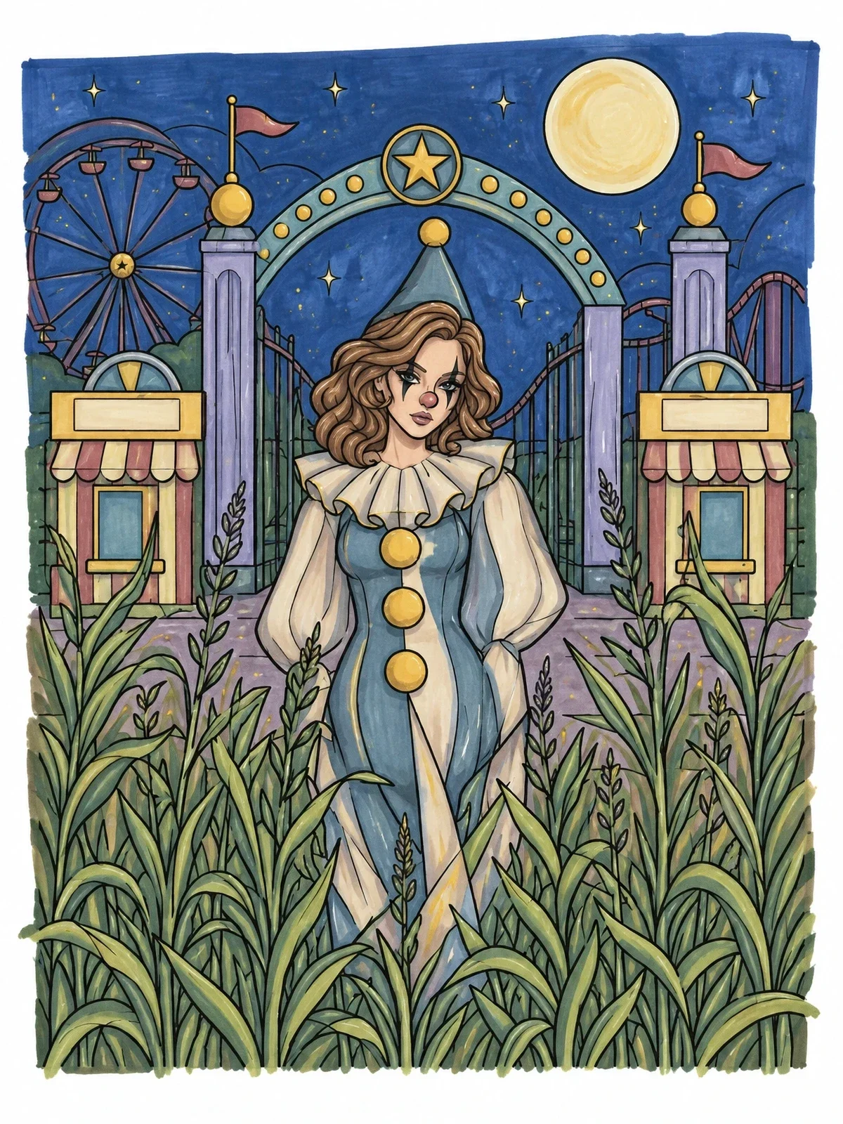Colored example of the Harlequin Clown At The Midnight Fair coloring page