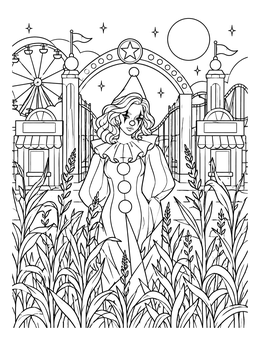 A mysterious female clown coloring page set outside an amusement park entrance at night.