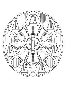 A detailed music coloring page featuring a circular mandala of harps, metronomes, and tuning forks.