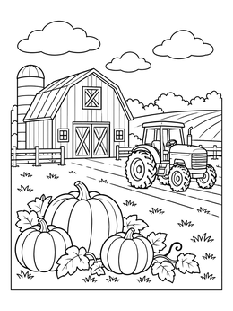A harvest coloring page featuring large pumpkins, a classic tractor, and a rustic barn under cloudy skies.