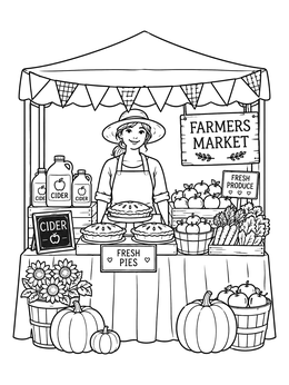 A friendly vendor sells pies, apples, and cider in this harvest coloring page.