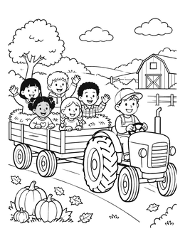 Free printable Autumn Tractor Hayride With Happy Kids coloring page
