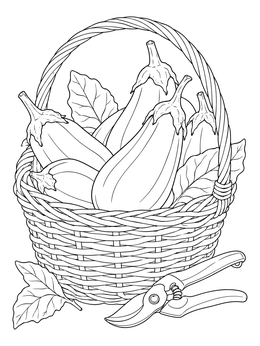 Detailed eggplant coloring page showing a woven basket full of fresh eggplants next to garden shears.