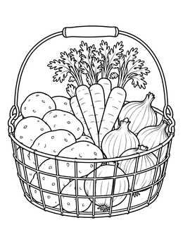 A harvest coloring page featuring a wire basket filled with carrots, potatoes, and onions.