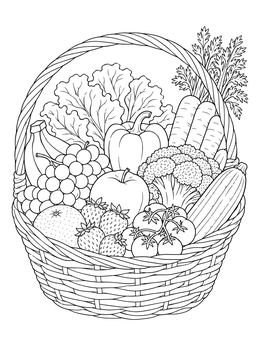 A woven basket filled with produce on this fruit coloring page.