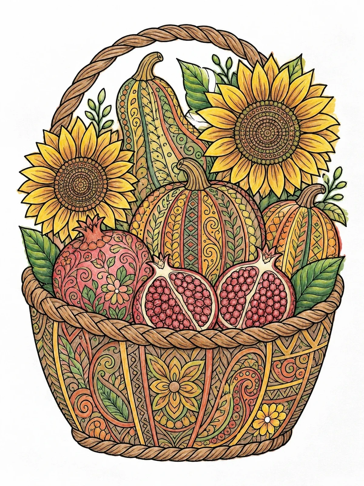 Colored example of the Harvest Basket With Sunflowers And Pumpkins coloring page