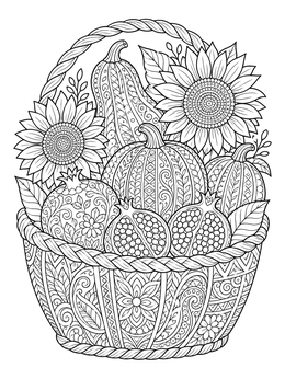 A detailed zentangle thanksgiving coloring page of a basket filled with pumpkins, sunflowers, and pomegranates.