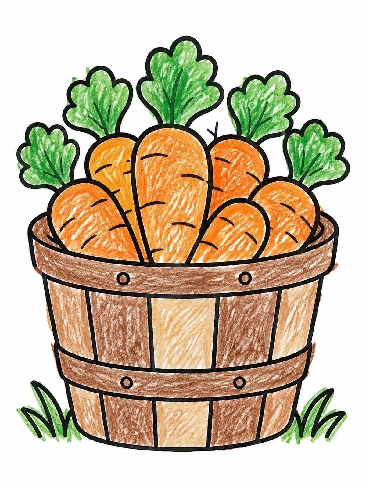 Colored example of the Harvest Carrots In A Wooden Basket coloring page