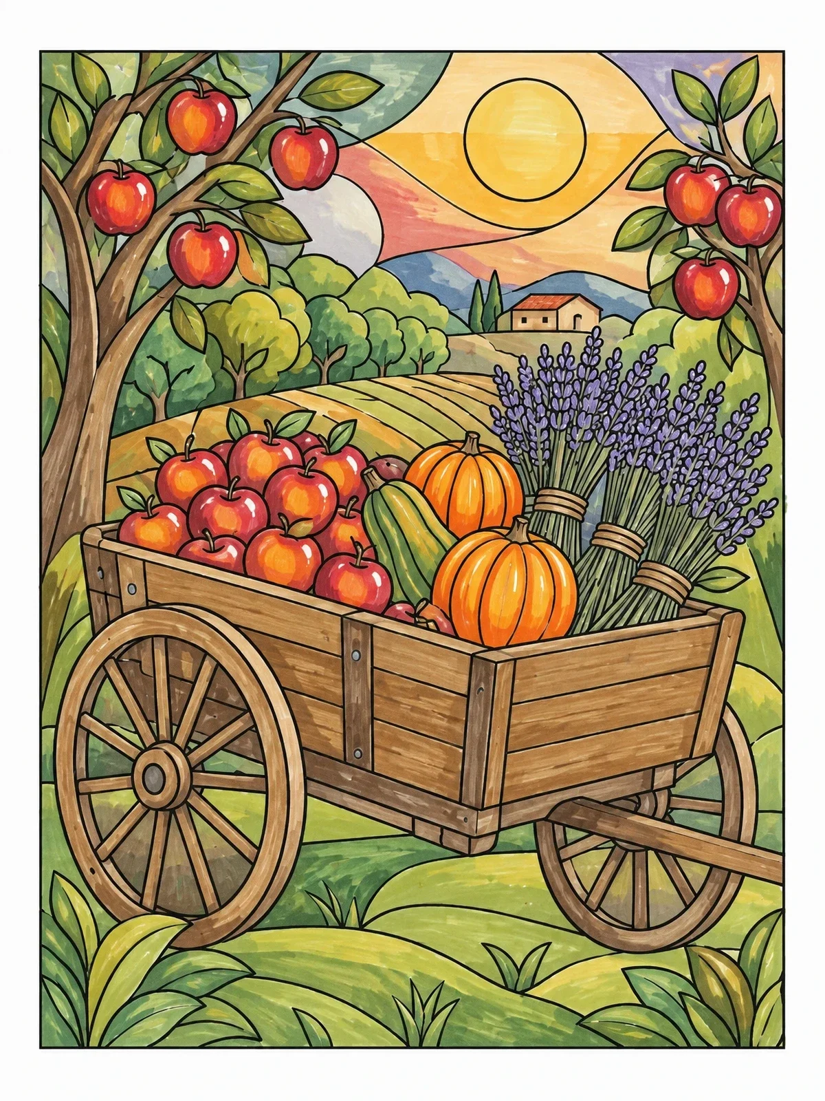 Colored example of the Harvest Cart In The Orchard coloring page