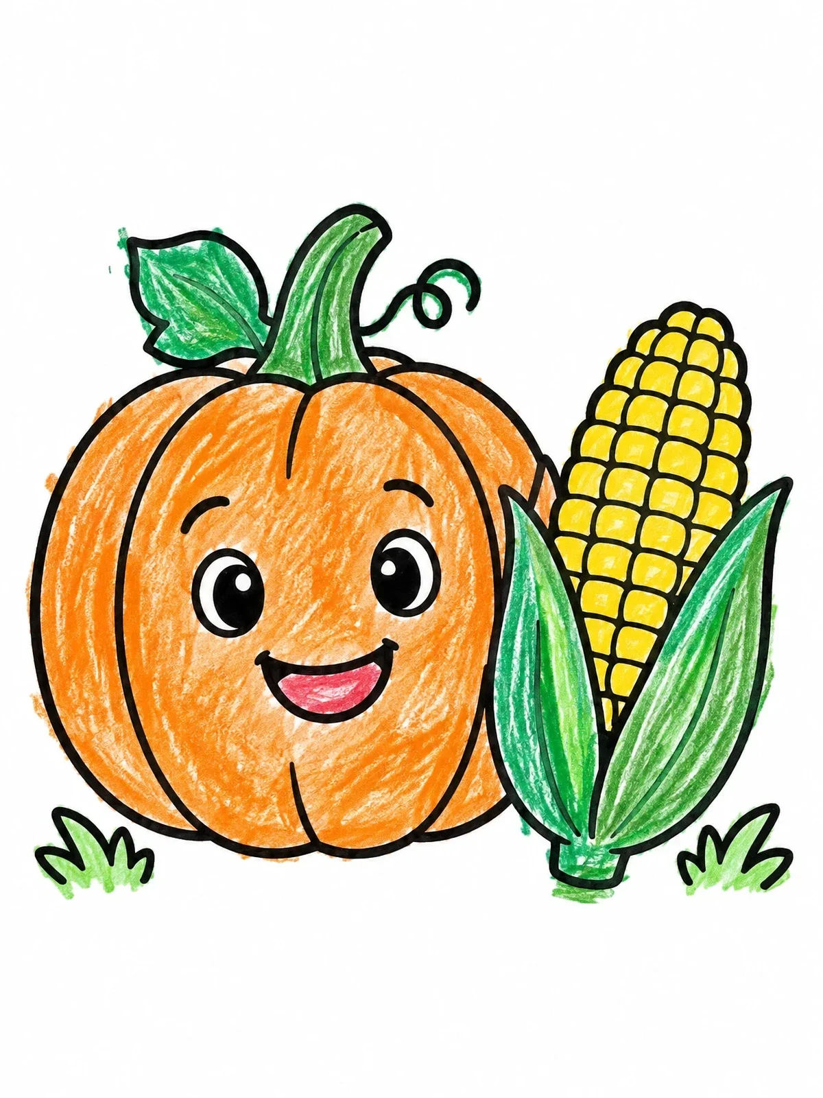 Colored example of the Cheerful Pumpkin And Sweet Corn coloring page