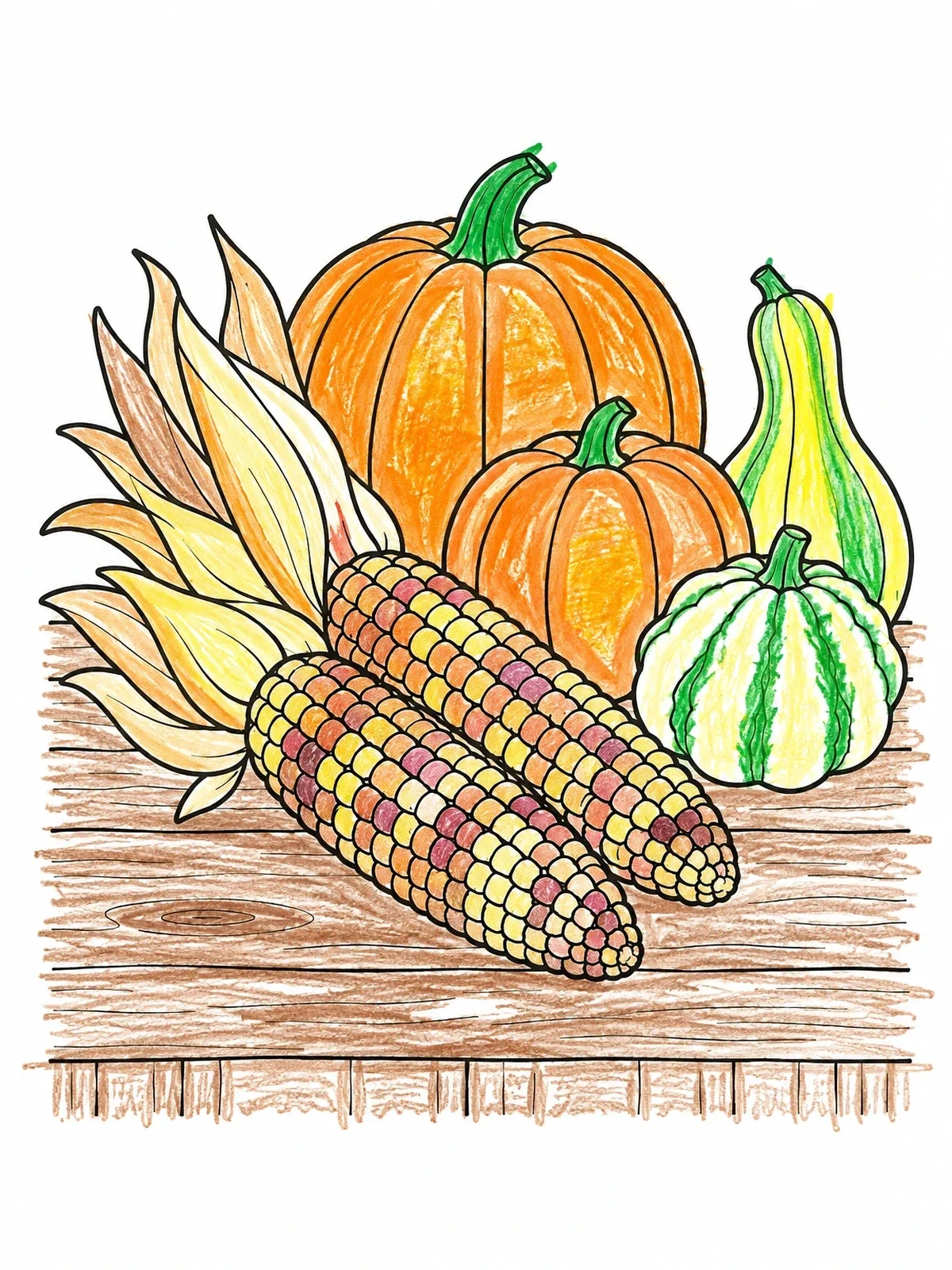 Colored example of the Harvest Corn And Pumpkins On Table coloring page